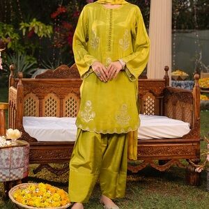 Elegant Green Women's Embroidered Raw Silk 3pc Suit by Asim Jofa